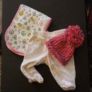 Burping cloth, footed pants, knitted cap
